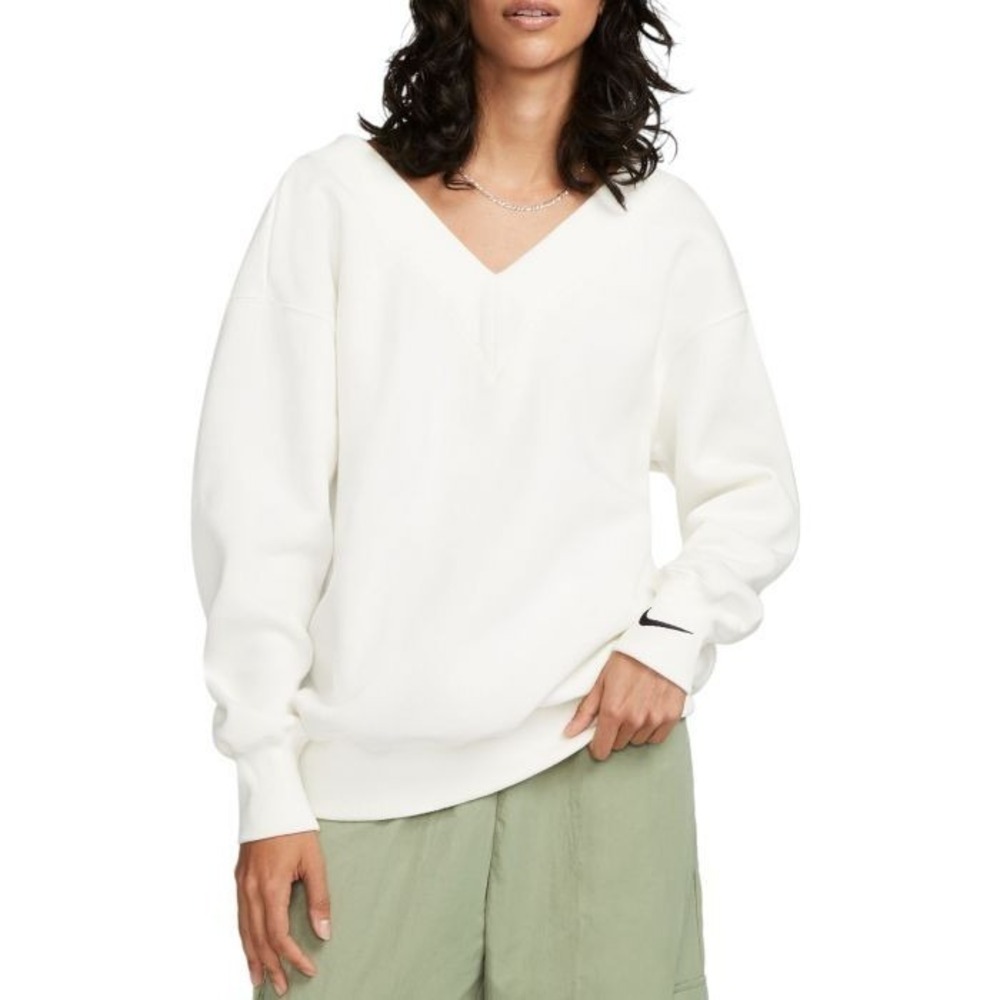 Nike Phoenix Fleece Oversized V Neck Sweatshirt Womens Small White FB8317 133